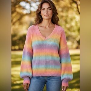 No‎ Boundaries Rainbow Stripe V Neck Long Sleeve Cozy Sweater Women Medium